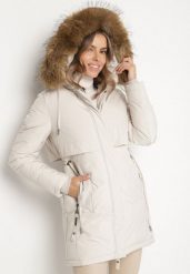 Biała Casualowa Kurtka Parka z Kapturem z Futerkiem Nallorea. Białe kurtki Born2be, l, z dzianiny, klasyczne, z kapturem. Za 299.99 zł.