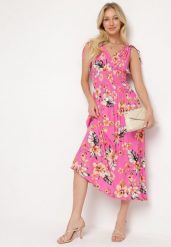 Różowa Sukienka w Kwiaty z Gumką w Pasie i Kopertowym Dekoltem Ściągana na Ramionach Saseria. Czerwone sukienki Born2be, na spotkanie biznesowe, na lato, l, bez wzorów, bez kołnierzyka, bez ramiączek, kopertowe. Za 69.99 zł.