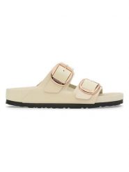 Birkenstock Skórzane klapki "Arizona" w kolorze kremowym rozmiar: 36. Brązowe klapki Birkenstock, bez wzorów, z lakierowanej skóry, z otwartym noskiem, bez obcasa. Za 523.38 zł.
