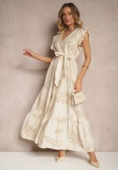 Beżowa Sukienka z Wiskozy z Ozdobnym Haftem i Metaliczną Nicią Grelvesa. Brązowe sukienki Renee, na co dzień, na lato, l, bez wzorów, z wiskozy, eleganckie, bez kołnierzyka, bez ramiączek, maxi, kopertowe. Za 89.99 zł.