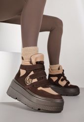 Beżowo-Brązowe Botki Sneakersy Vices na Platformie w Stylu Y2K Gelira. Brązowe botki Renee, z aplikacjami, z jeansu, bez obcasa, na platformie, bez zapięcia. Za 149.99 zł.