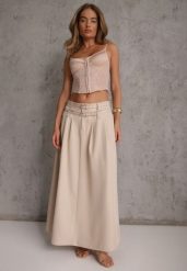 Jasnobeżowa Rozkloszowana Spódnica w Stylu Preppy z Kieszeniami i Podwójnym Paskiem Doripla. Brązowe spódnice Renee, na co dzień, l, bez wzorów, eleganckie, maxi, koszulowe. Za 99.99 zł.