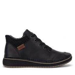 Botki Rieker. Czarne botki Rieker, bez wzorów, bez obcasa, na płaskiej podeszwie, bez zapięcia. Za 369.99 zł.