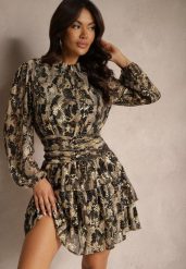 Brązowa Sukienka o Rozkloszowanym Kroju ze Stójką Gumką i Falbanami w Wężowy Wzór Mintinna. Brązowe sukienki Renee, na co dzień, l, bez wzorów, eleganckie, bez kołnierzyka, bez ramiączek, mini, proste. Za 129.99 zł.