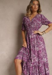 Ciemnoróżowa Rozkloszowana Sukienka z Bawełny Zdobiona Wzorem Paisley Folitea. Fioletowe sukienki Renee, na spotkanie biznesowe, na wiosnę, l, z aplikacjami, z bawełny, bez kołnierzyka, bez ramiączek, maxi, rozkloszowane. Za 49.99 zł.