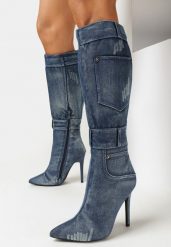 Niebieskie Jeansowe Kozaki na Szpilce Bimis. Niebieskie kozaki Born2be, z jeansu, bez obcasa, na obcasie, bez zapięcia. Za 189.99 zł.
