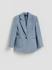 Jednorzędowa marynarka - niebieski. Niebieskie marynarki i żakiety Reserved, l, bez wzorów, z tkaniny. Za 229.99 zł.