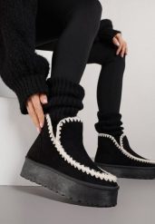 Czarne Śniegowce na Platformie Ozdobione Haftowanym Wzorem Naretusa. Czarne trapery i śniegowce Renee, z jeansu. Za 64.99 zł.