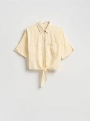 Koszula z wiskozy z wiązaniem - żółty. Żółte koszule Reserved, l, bez wzorów, z tkaniny, bez kołnierzyka, bez ramiączek. Za 89.99 zł.