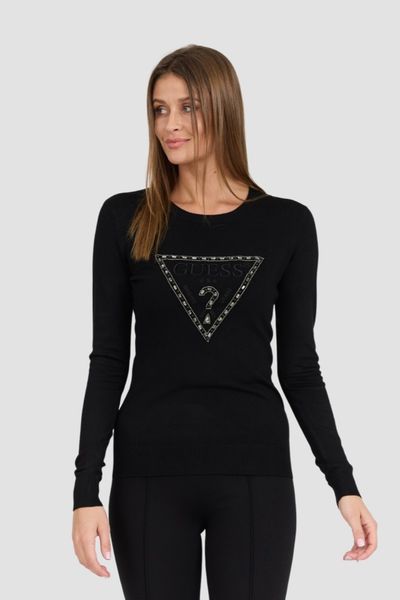 GUESS Czarny damski sweter Rylie Triangle Logo, Rozmiar S. Czarne swetry Guess, s, z aplikacjami, z elastanu, bez ramiączek. W wyprzedaży za 274.99 zł.