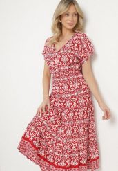 Czerwona Bawełniana Sukienka Rozkloszowana we Wzór Paisley Lanadira. Czerwone sukienki Born2be, l, bez wzorów, z bawełny, boho, bez kołnierzyka, bez ramiączek, midi, rozkloszowane. Za 39.99 zł.