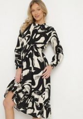 Czarna Rozkloszowana Sukienka z Bawełną w Abstrakcyjny Wzór Silsedi. Czarne sukienki Born2be, na co dzień, m, bez wzorów, z bawełny, eleganckie, bez kołnierzyka, bez ramiączek, midi, rozkloszowane. Za 89.99 zł.