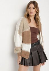 Brązowy Kardigan z Wełną i Wiskozą w Patchworkowe Łaty Fesunesa. Brązowe kardigany Born2be, bez wzorów, z jeansu. Za 149.99 zł.