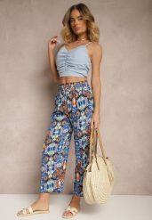 Niebieskie Bawełniane Spodnie High Waist Szerokie we Wzór Boho Tolioria. Niebieskie spodnie materiałowe Renee, do pracy, l, bez wzorów, z bawełny, z podwyższonym stanem. Za 29.99 zł.