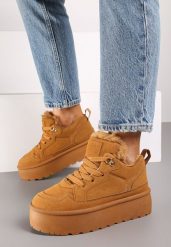Brązowe Sneakersy Stylizowane na Śniegowce Ozdobione Futerkiem Maviena. Brązowe trapery i śniegowce Renee, z materiału. Za 99.99 zł.