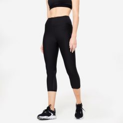 Legginsy fitness damskie Domyos krótkie. Czarne legginsy DOMYOS, l, bez wzorów, z elastanu, z podwyższonym stanem, krótkie. Za 79.99 zł.