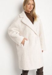 Biały Dwurzędowy Płaszcz Teddy o Fasonie Oversize Anerre. Białe płaszcze Born2be, l, bez wzorów, z dzianiny, bez kaptura. Za 299.99 zł.