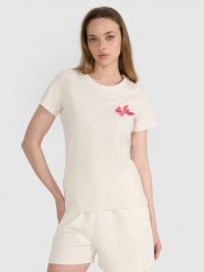 4F T-shirt regular z nadrukiem damski - biały L. Białe t-shirty 4f, l, z aplikacjami, z bawełny, bez kołnierzyka, bez ramiączek. W wyprzedaży za 29.99 zł.