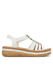 Rieker Sandały V0920-80 Biały. Białe sandały Rieker, bez wzorów, z materiału, bez obcasa, na płaskiej podeszwie, bez zapięcia. Za 269.99 zł.