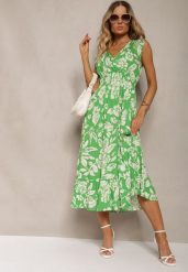 Zielona Wiskozowa Kwiatowa Sukienka Wykończona Gumką w Pasie o Rozkloszowanym Kroju Keranea. Zielone sukienki Renee, na imprezę, na lato, m, bez wzorów, z wiskozy, eleganckie, bez kołnierzyka, bez ramiączek, midi, dopasowane. Za 69.99 zł.