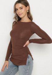 Brązowa Bluzka z Wiskozą i Marszczeniem Furitta. Brązowe bluzki Born2be, m, bez wzorów, z jeansu, klasyczne, bez kołnierzyka, bez ramiączek. Za 69.99 zł.