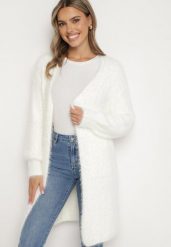 Biały Niezapinany Kardigan z Wełną i Wsuwanymi Kieszeniami Riabelle. Białe kardigany Born2be, bez wzorów, z jeansu. Za 99.99 zł.
