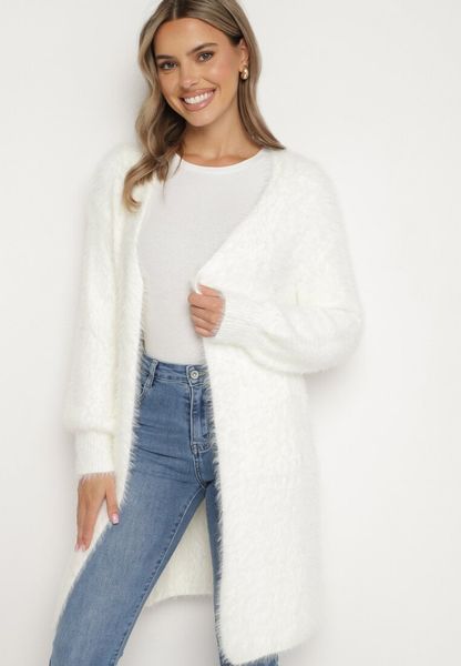 Biały Niezapinany Kardigan z Wełną i Wsuwanymi Kieszeniami Riabelle. Białe kardigany Born2be, bez wzorów, z jeansu. Za 99.99 zł.
