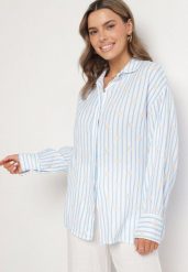 Niebieska Bawełniana Koszula w Paski z Kwiatowym Zdobieniem Ameliora. Niebieskie koszule Born2be, uniwersalny, z aplikacjami, z bawełny, eleganckie, bez kołnierzyka, bez ramiączek. Za 119.99 zł.