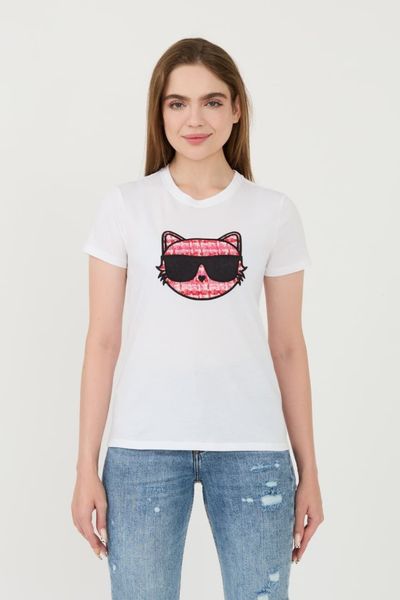 KARL LAGERFELD Biały damski t-shirt Boucle Choupette, Rozmiar M. Białe t-shirty KARL LAGERFELD, m, bez wzorów, bez kołnierzyka, bez ramiączek. W wyprzedaży za 238.99 zł.