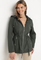 Ciemnozielona Kurtka Parka Dwustronna ze Ściągaczem w Talii i Kapturem Tillisaya. Zielone kurtki Born2be, na jesień, m, bez wzorów, z jeansu. Za 149.99 zł.