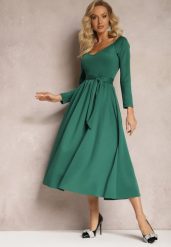 Zielona Sukienka Midi o Rozszerzanym Kroju z Paskiem w Talii i Dekoltem w Serek Vividia. Zielone sukienki Renee, na co dzień, m, bez wzorów, eleganckie, bez kołnierzyka, bez ramiączek, midi, rozkloszowane. Za 159.99 zł.