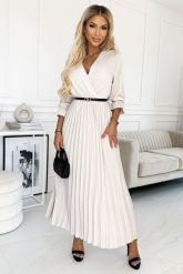 Elegancka Długa Sukienka z Plisowanym Dołem - Beżowa. Brązowe sukienki Numoco, uniwersalny, bez wzorów, z elastanu, eleganckie, bez kołnierzyka, bez ramiączek, maxi, plisowane. Za 178.90 zł.