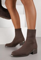 Brązowe Botki na Niskim Słupku ze Skarpetkową Cholewką Etaliss. Brązowe botki Born2be, bez wzorów, z jeansu, bez obcasa, na obcasie, bez zapięcia. Za 139.99 zł.