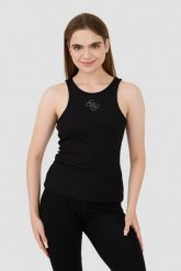 GUESS Czarny damski top Round Nk Guendalina, Rozmiar XL. Czarne topy Guess, s, z aplikacjami, bez kołnierzyka, bez ramiączek. W wyprzedaży za 99.99 zł.
