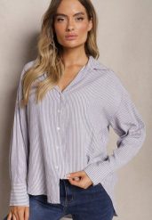 Granatowa Koszula z Lnu i Wiskozy Ozdobiona Wzorem w Paski Iveleira. Niebieskie koszule Renee, l, bez wzorów, z jeansu, biznesowe, bez kołnierzyka, bez ramiączek. Za 74.99 zł.