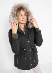 Parka ocieplana na podszewce. Czarne parki bonprix, z kapturem. Za 309.99 zł.