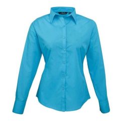 Bluzka Damska Z Długim Rękawem Z Popeliny. Niebieskie bluzki PREMIER, xl, bez wzorów, casualowe, bez kołnierzyka, bez ramiączek. Za 106.99 zł.
