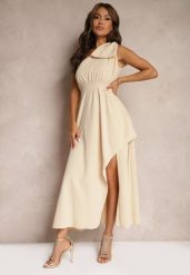 Beżowa Sukienka Koktajlowa o Asymetrycznym Kroju na Jedno Ramię Ozdobiona Kokardą Vimorissa. Brązowe sukienki Renee, na imprezę, m, bez wzorów, eleganckie, z asymetrycznym kołnierzem, bez ramiączek, maxi, asymetryczne. Za 79.99 zł.