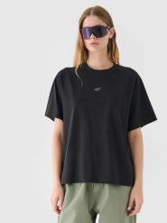 4F T-shirt oversize z nadrukiem damski - czarny L. Czarne t-shirty 4f, l, bez wzorów, z bawełny, bez kołnierzyka, bez ramiączek. W wyprzedaży za 29.99 zł.