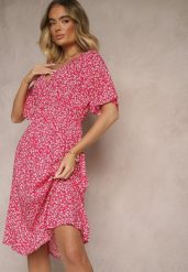 Różowa Rozkloszowana Sukienka Bawełniana w Kwiatowy Print Ezrive. Czerwone sukienki Renee, na co dzień, na lato, l, bez wzorów, z bawełny, klasyczne, bez kołnierzyka, bez ramiączek, midi, rozkloszowane. Za 69.99 zł.