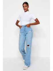 Trendyol Dżinsy - Comfort fit - w kolorze błękitnym rozmiar: 34. Niebieskie jeansy Trendyol, bez wzorów, z podwyższonym stanem. Za 83.62 zł.