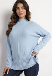 Jasnoniebieski Sweter z Półgolfem z Prążkowanej Dzianiny z Wycięciami po Bokach Rerivra. Niebieskie swetry Born2be, uniwersalny, bez wzorów, z dzianiny, bez ramiączek. Za 84.99 zł.