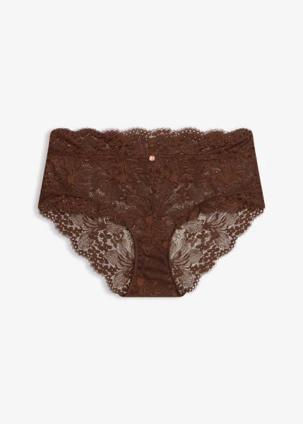 Figi z wysokim stanem ze szlachetnej koronki. Brązowe figi bonprix, bez wzorów, z koronki. Za 62.99 zł.