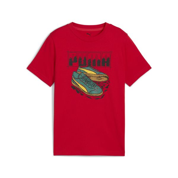 Młodzieżowa koszulka z grafiką sneakersów PUMA. Czerwona bluzki Puma, m, bez wzorów, młodzieżowe, bez kołnierzyka, bez ramiączek. W wyprzedaży za 74.00 zł.