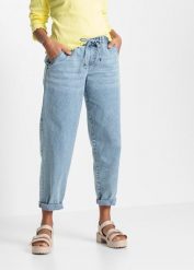 Jeansy barrel, średni stan, z elastyczną gumą w talii. Niebieskie jeansy bonprix, bez wzorów. Za 127.99 zł.