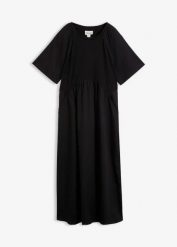 Bawełniana sukienka midi z miksu materiałów. Czarne sukienki bonprix, bez wzorów, z bawełny, bez kołnierzyka, bez ramiączek, midi. Za 79.99 zł.