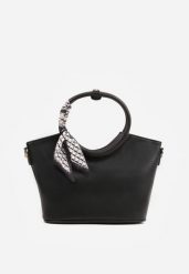 Czarna Torebka Shopper z Paskiem i Okrągłymi Rączkami Zdobionymi Chustą Kassone. Czarne shopper Renee, z aplikacjami, z jeansu, na ramię, zdobione, bez dodatków. Za 119.99 zł.