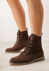 Brązowe Ażurowe Botki Skórzane Adeis. Brązowe botki Born2be, w ażurowe wzory, z jeansu, bez obcasa, na płaskiej podeszwie, bez zapięcia. Za 199.99 zł.