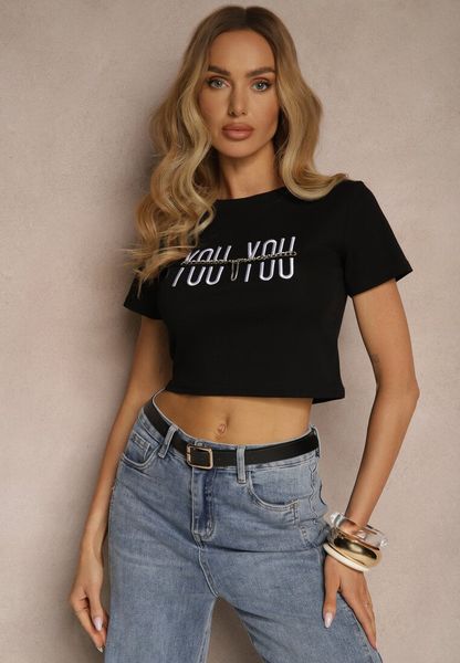 Czarny T-shirt z Bawełny Ozdobiony Łańcuchem i Napisem Olithel. Czarne t-shirty Renee, m, bez wzorów, z bawełny, bez kołnierzyka, bez ramiączek. Za 39.99 zł.