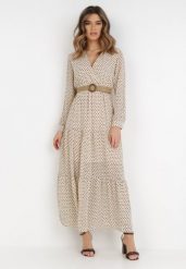Jasnobeżowa Sukienka Z Paskiem Deinene. Brązowe sukienki Born2be, l, bez wzorów, bez kołnierzyka, bez ramiączek, maxi, kopertowe. Za 159.99 zł.